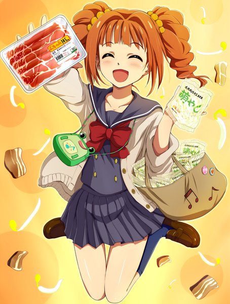 Anime picture 1100x1452 with idolmaster idolmaster cinderella girls takatsuki yayoi hina (araburu-hinadori) single long hair tall image blush open mouth twintails eyes closed orange hair drill hair girl bow socks serafuku food black socks bag