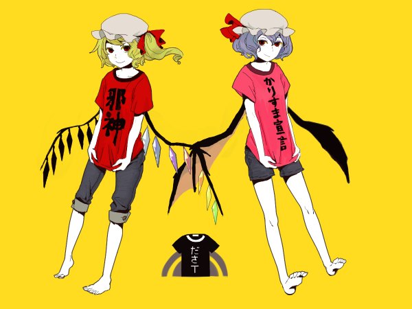 Anime picture 1200x900 with touhou flandre scarlet remilia scarlet noki (artist) short hair blonde hair red eyes blue hair barefoot one side up soles pale skin bat wings casual contemporary girl hat wings