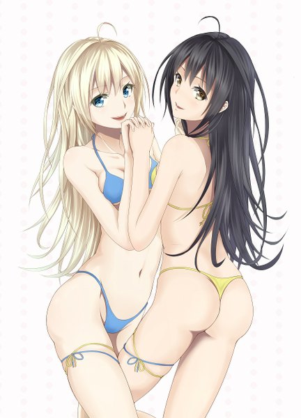 Anime picture 900x1250 with original heisei yutorin long hair tall image looking at viewer open mouth blue eyes light erotic black hair simple background blonde hair smile white background multiple girls brown eyes ass girl navel 2 girls swimsuit