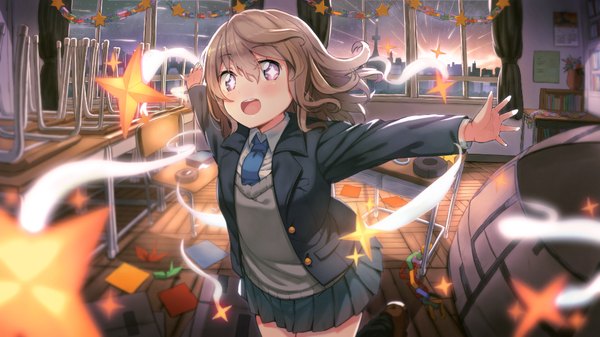Anime picture 1000x563 with original haruken single looking at viewer blush short hair open mouth smile brown hair wide image purple eyes outstretched arm spread arms classroom + + girl skirt uniform school uniform window