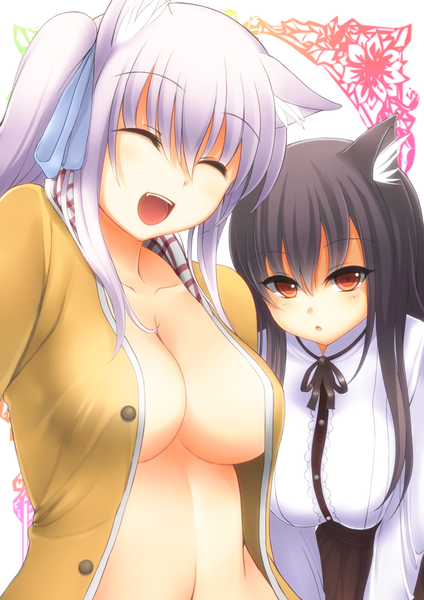 Anime picture 1413x2000 with original shia flatpaddy mia flatpaddy aogu (artist) long hair tall image looking at viewer breasts open mouth light erotic black hair red eyes large breasts multiple girls animal ears silver hair eyes closed cat ears cat girl borrowed character