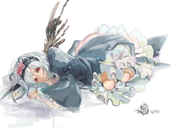 Anime picture 1024x768 with rozen maiden suigintou 8981 long hair red eyes silver hair doll joints dress wings hairband