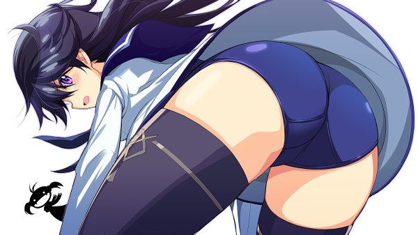 Anime picture 1200x675 with strike witches vividred operation kuroki rei long hair blush open mouth light erotic black hair simple background wide image white background purple eyes ass girl thighhighs black thighhighs swimsuit