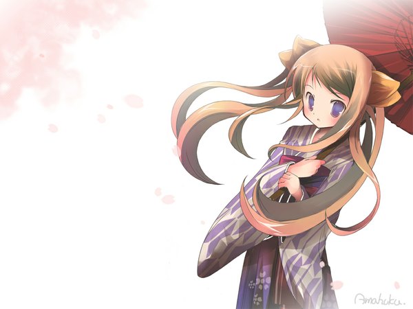 Anime picture 1024x768 with gakkou no kaidan (anime) amafuku amane single long hair blush brown hair purple eyes twintails signed traditional clothes japanese clothes from above wind wallpaper spring girl petals kimono umbrella oriental umbrella
