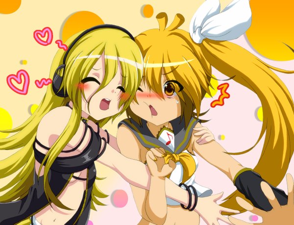 Anime picture 1396x1068 with vocaloid lily (vocaloid) akita neru dr. cryptoso blonde hair multiple girls yellow eyes eyes closed music girl 2 girls