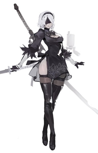Anime picture 696x1080 with nier nier:automata yorha no. 2 type b pod (nier:automata) kishiyo single tall image fringe short hair breasts simple background white background holding white hair mole puffy sleeves crossed legs side slit mole under mouth dual wielding