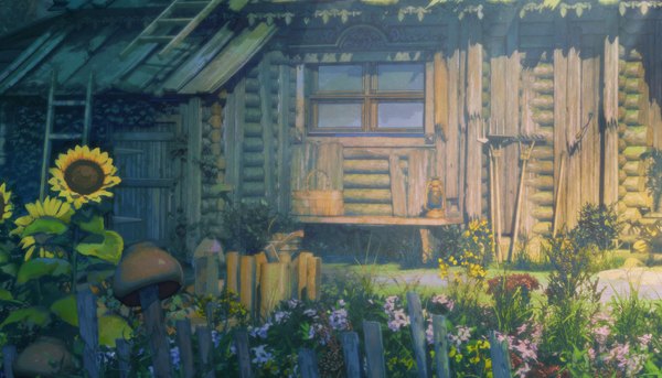 Anime picture 2000x1145 with original arsenixc highres wide image no people scenic flower (flowers) window building (buildings) table sunflower house mushroom (mushrooms) ladder figure picnic basket