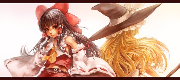 Anime picture 1500x666 with touhou hakurei reimu kirisame marisa sachito (artist) long hair blush black hair simple background blonde hair wide image white background multiple girls brown eyes traditional clothes miko back to back girl bow 2 girls hair bow