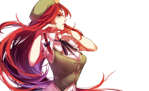 Anime picture 1300x798 with touhou hong meiling hug (yourhug) single long hair fringe breasts blue eyes simple background wide image white background looking away red hair braid (braids) profile twin braids girl bow ribbon (ribbons) hair bow