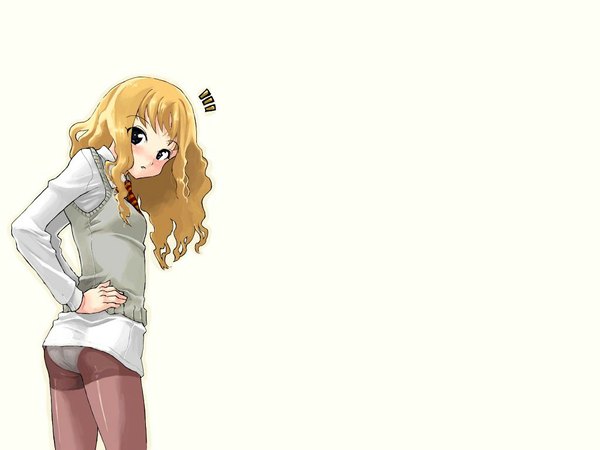 Anime picture 1024x768 with harry potter tagme (character) single long hair blush open mouth light erotic simple background blonde hair white background looking back black eyes hands on hips girl underwear panties shirt pantyhose necktie vest