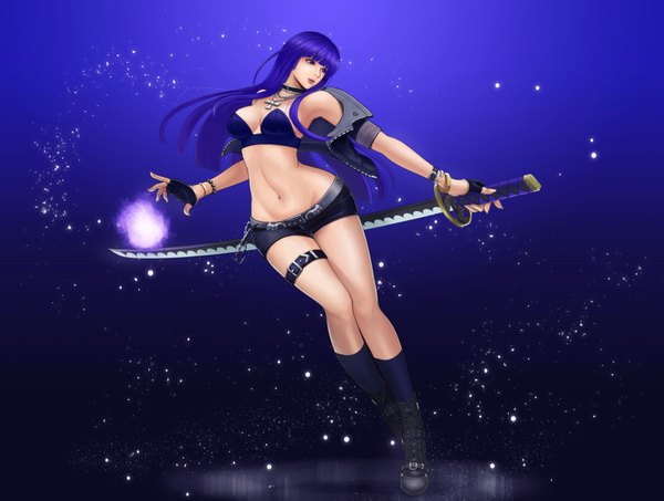 Anime picture 1600x1209 with seiryu zaiten single long hair breasts blue eyes light erotic blue hair looking away bare belly midriff girl gloves navel weapon sword choker socks shorts boots bracelet