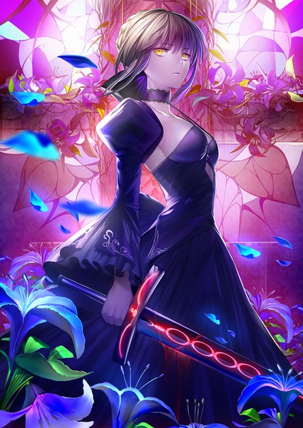 Anime picture 666x940 with fate (series) fate/grand order fate/stay night artoria pendragon (all) saber alter tsukimoto aoi single tall image looking at viewer fringe short hair breasts hair between eyes brown hair standing holding yellow eyes braid (braids) parted lips profile