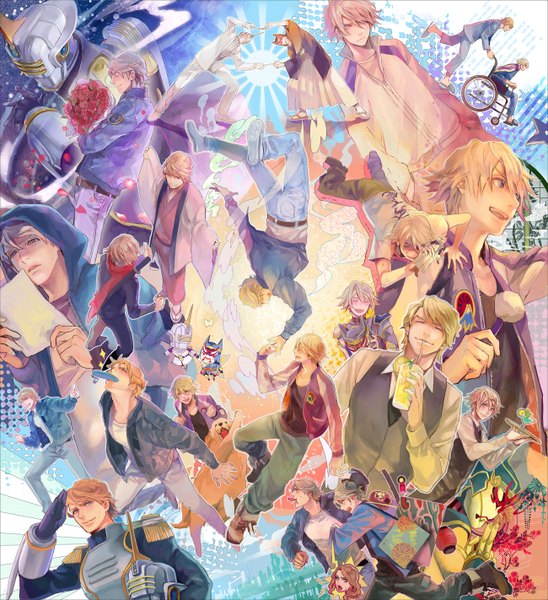 Anime picture 1300x1422 with tiger & bunny sunrise (studio) ivan karelin keith goodman sky high origami cyclone agnes joubert megane hoata long hair tall image fringe short hair open mouth blonde hair purple eyes japanese clothes hair over one eye multiple boys mouth hold holding hands
