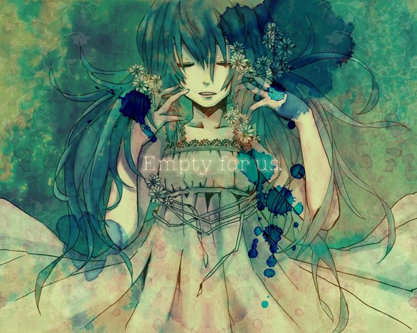 Anime picture 1000x800 with vocaloid hatsune miku 72 (nananatsu) single long hair fringe open mouth twintails eyes closed hair flower green hair aqua hair inscription traditional media watercolor (medium) girl dress hair ornament flower (flowers) white dress