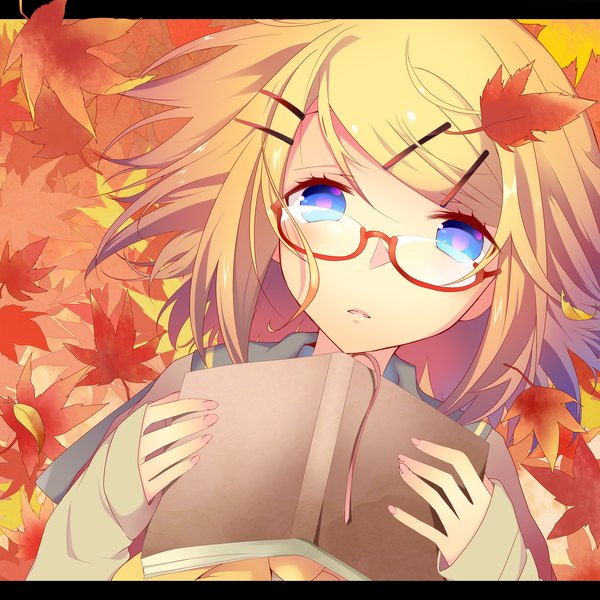 Anime picture 2479x2479 with vocaloid kagamine rin temari (deae) single looking at viewer highres short hair blue eyes blonde hair holding lying on back autumn girl glasses serafuku book (books) leaf (leaves) autumn leaves