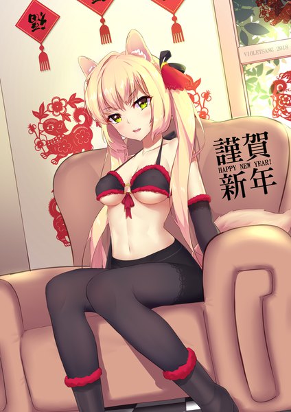 Anime picture 1080x1528 with original violet (eightonemini) single long hair tall image looking at viewer blush fringe breasts open mouth light erotic blonde hair smile sitting twintails bare shoulders green eyes signed animal ears cleavage