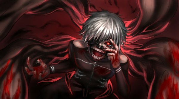 Anime picture 1000x555 with tokyo ghoul studio pierrot kaneki ken mk (az0z0az) single looking at viewer fringe short hair open mouth wide image nail polish fingernails from above glowing looking up glowing eye (eyes) screaming boy blood bodysuit