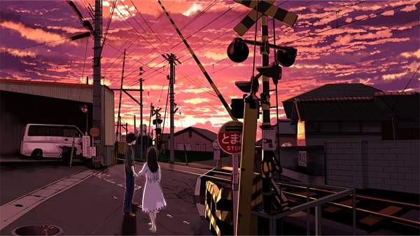 Anime picture 1000x563 with original kuronokuro long hair short hair brown hair wide image standing sky cloud (clouds) barefoot from behind no shoes couple holding hands evening sunset landscape railroad crossing girl dress
