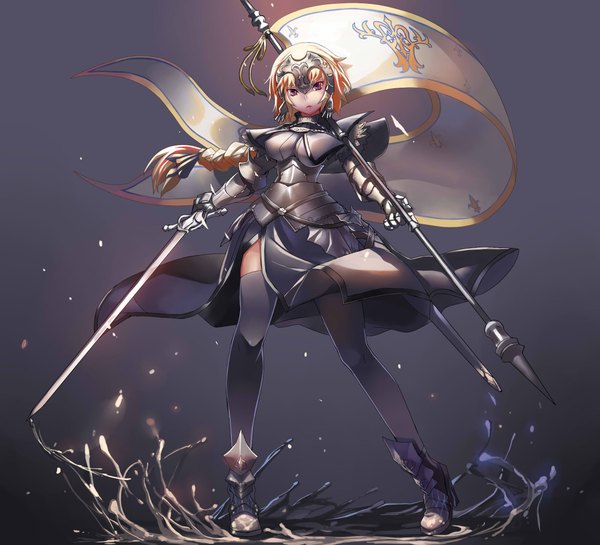 Anime picture 2200x2000 with fate (series) fate/apocrypha type-moon jeanne d'arc (fate) (all) jeanne d'arc (fate) ohland single long hair looking at viewer fringe highres breasts blonde hair simple background standing purple eyes holding braid (braids) single braid purple background