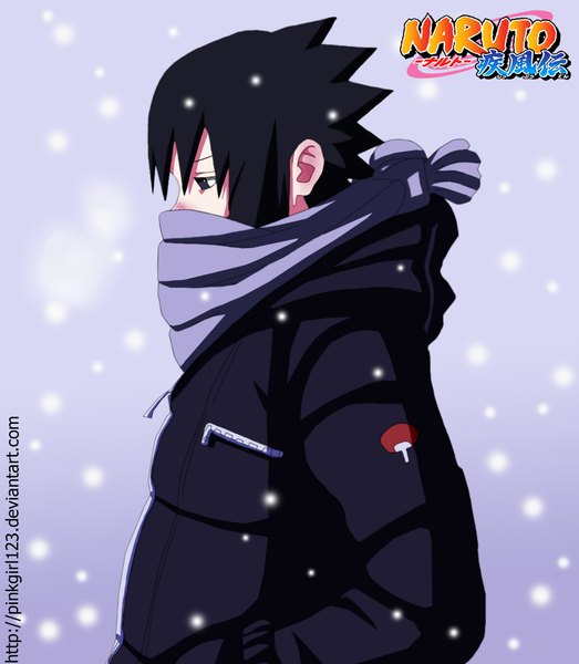 Anime picture 1024x1175 with naruto studio pierrot naruto (series) uchiha sasuke pinkgirl123 single tall image short hair black hair black eyes inscription copyright name snowing exhalation boy jacket scarf