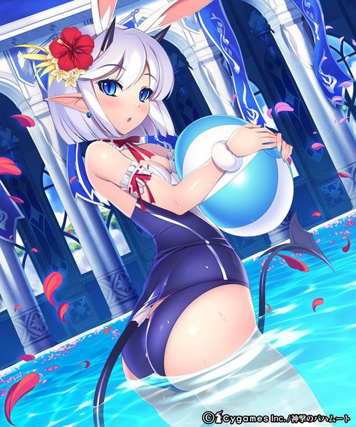 Anime picture 750x900 with shingeki no bahamut mel/a single tall image looking at viewer fringe short hair breasts open mouth blue eyes light erotic animal ears cleavage silver hair ass indoors tail hair flower horn (horns) pointy ears
