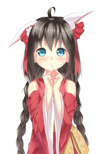 Anime picture 1800x2775 with angellexar single long hair tall image blush fringe highres simple background standing white background bare shoulders animal ears braid (braids) looking back aqua eyes twin braids girl hair ornament ribbon (ribbons) hair ribbon