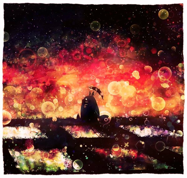 Anime picture 1000x952 with tonari no totoro studio ghibli totoro chibi totoro harada miyuki sky night silhouette abstract plant (plants) umbrella bubble (bubbles)