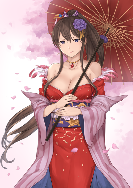 Anime picture 1129x1594 with granblue fantasy rosetta (granblue fantasy) terry single long hair tall image fringe breasts blue eyes light erotic hair between eyes brown hair large breasts bare shoulders payot cleavage traditional clothes japanese clothes off shoulder cherry blossoms
