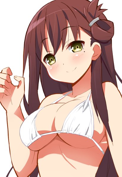 Anime picture 690x1005 with gakkou gurashi! wakasa yuuri 9law single long hair tall image looking at viewer blush fringe breasts light erotic simple background smile brown hair large breasts white background bare shoulders green eyes head tilt mole