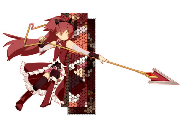 Anime picture 1320x960 with mahou shoujo madoka magica shaft (studio) sakura kyouko single long hair simple background red eyes white background ponytail red hair girl bow weapon hair bow spear