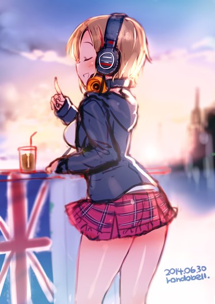 Anime picture 1416x2000 with idolmaster idolmaster cinderella girls tada riina rondobell single tall image blush short hair open mouth brown hair signed sky eyes closed profile plaid skirt singing flag print girl skirt miniskirt