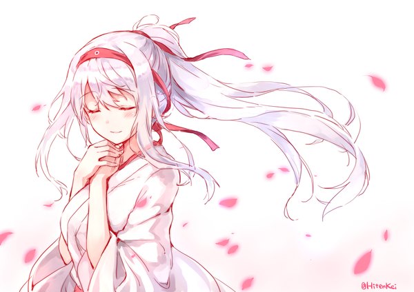 Anime picture 1414x1000 with kantai collection shoukaku aircraft carrier hiten (hitenkei) single blush fringe white background signed white hair ponytail eyes closed traditional clothes japanese clothes light smile wind hand on chest hands clasped girl ribbon (ribbons) hair ribbon