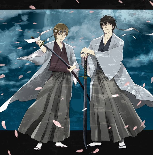 Anime picture 1300x1318 with gintama sunrise (studio) hijikata toshiro okita sougo koutarou (artist) tall image short hair black hair smile brown hair cloud (clouds) japanese clothes multiple boys unsheathing boy weapon petals sword hairband katana