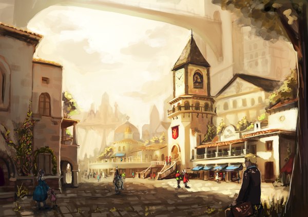Anime picture 3508x2480 with original bryanth long hair highres short hair black hair blonde hair absurdres city dress plant (plants) tree (trees) building (buildings) clock child (children) people tower clock tower