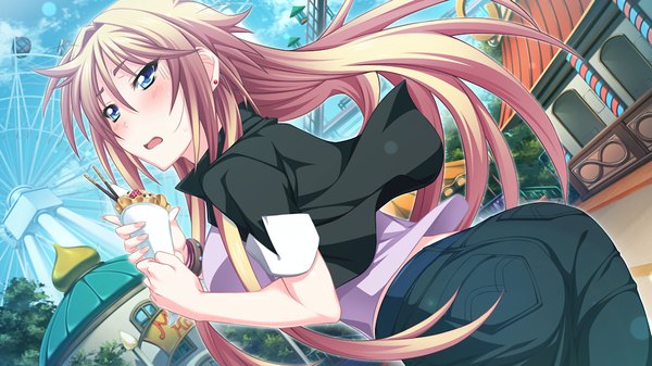 Anime picture 1000x563 with tsujidou-san no junai road ai tsujidou long hair blush open mouth blue eyes blonde hair wide image game cg girl sweets crepe