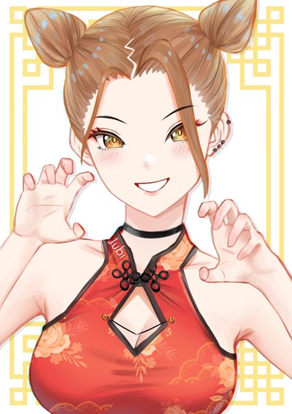 Anime picture 2480x3508 with original lyn (jubi) jubi (regiana) single tall image looking at viewer highres short hair breasts simple background smile brown hair signed yellow eyes traditional clothes hair bun (hair buns) sleeveless grin piercing ear piercing