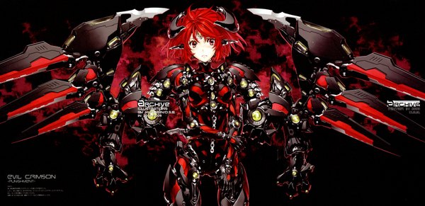 Anime picture 7109x3456 with kurogin highres short hair simple background red eyes wide image absurdres red hair horn (horns) pointy ears inscription black background mecha musume mechanical wings mechanical parts girl