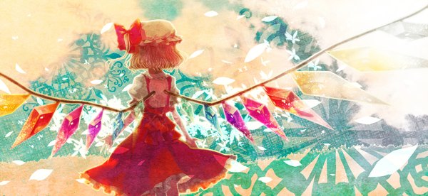 Anime picture 2138x987 with touhou flandre scarlet 0 (pixiv) single highres short hair blonde hair wide image from behind back girl dress bow hat wings