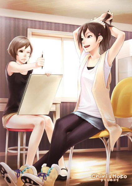 Anime picture 1158x1637 with original yuranpo tall image short hair open mouth black hair brown hair sitting multiple girls brown eyes one eye closed wink girl 2 girls shoes vest sketchbook