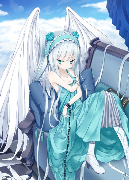 Anime picture 790x1100 with original shuuichi (gothics) single long hair tall image fringe sitting looking away cleavage cloud (clouds) bent knee (knees) white hair aqua eyes high heels looking down white wings girl dress flower (flowers) wings
