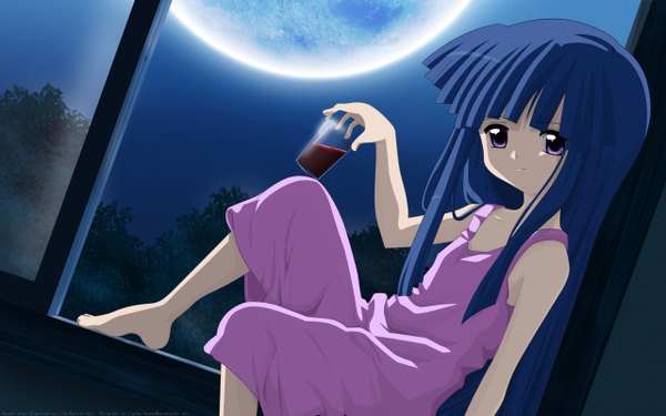 Anime picture 2560x1600 with higurashi no naku koro ni studio deen furude rika long hair highres wide image blue hair wallpaper dress moon drink wine