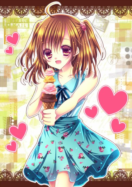 Anime picture 1000x1414 with original momomiya mion single tall image blush short hair open mouth red eyes brown hair ahoge girl dress food heart sweets ice cream