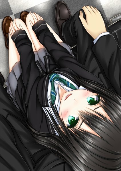 Anime picture 1060x1500 with idolmaster idolmaster cinderella girls shibuya rin oosato haya single long hair tall image blush open mouth black hair sitting green eyes girl skirt uniform school uniform miniskirt