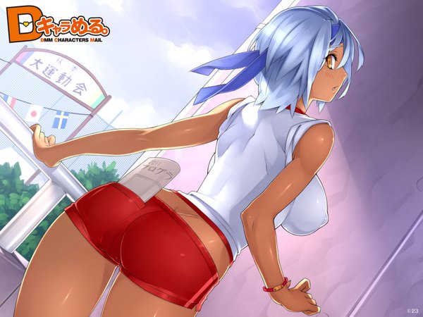 Anime picture 1600x1200 with d chara mail blush short hair breasts light erotic large breasts yellow eyes blue hair ass looking back girl uniform hairband gym uniform