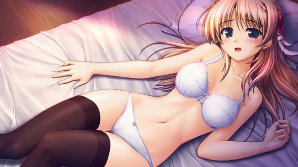 Anime picture 1280x720 with aiyoku no eustia fione silvaria long hair blush blue eyes light erotic brown hair wide image game cg underwear only girl thighhighs underwear panties black thighhighs