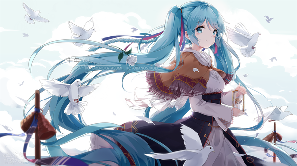 Anime picture 2039x1147 with vocaloid hatsune miku asahi kuroi single looking at viewer blush highres wide image twintails holding signed payot sky cloud (clouds) very long hair aqua eyes light smile wind blurry aqua hair