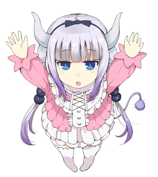 Anime picture 1000x1124 with kobayashi-san chi no maidragon kyoto animation kanna kamui gedou (ge ge gedou) single long hair tall image looking at viewer open mouth blue eyes simple background white background twintails payot purple hair full body tail multicolored hair horn (horns) from above