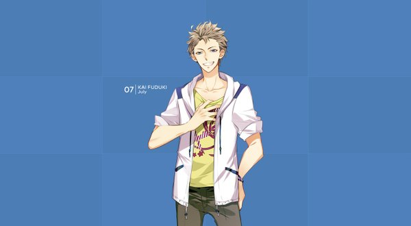 Anime picture 1282x706 with tsukiuta fuduki kai tagme (artist) single short hair blue eyes simple background smile brown hair wide image open clothes open jacket hand on hip hand on chest blue background boy jacket t-shirt jeans