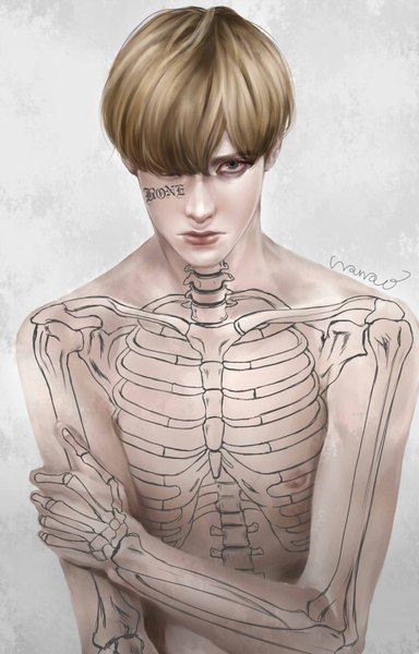 Anime picture 1000x1562 with original nanao (artist) single tall image looking at viewer fringe short hair blonde hair bare shoulders signed nipples hair over one eye realistic grey background grey eyes topless face paint skeleton bodypaint boy
