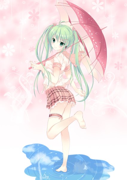 Anime picture 2000x2825 with vocaloid hatsune miku aqua (artist) tall image highres simple background white background twintails green eyes barefoot green hair girl miniskirt umbrella puddle